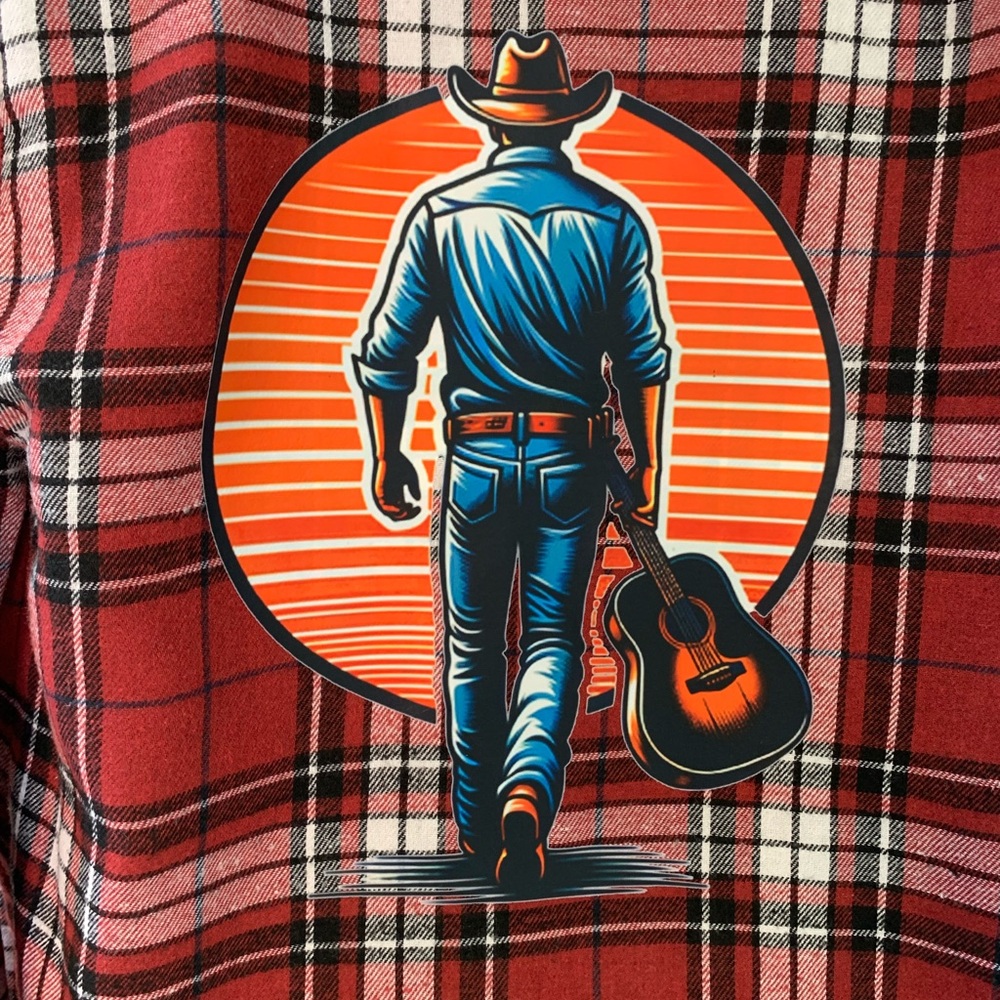 Red Plaid Flannel with Hood  and Cowboy Graphic